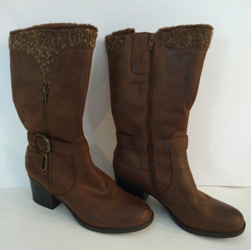 BARETRAPS Willow Brown Suede Tall Boots Side Buckle Faux Fur Lined 9.5 Excellent